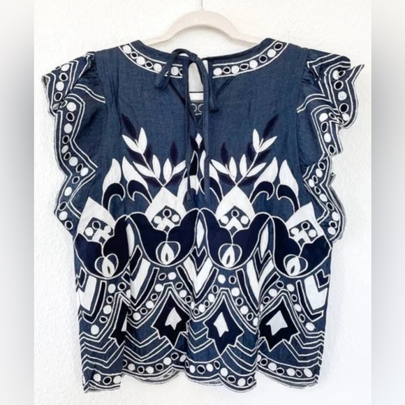 Parker Wyatt Eyelet Embroidered Denim Blue/Black S/SWomen’s Top/XS-Preowned Fast - Picture 2 of 16